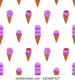 Colorful Lavander cone ice cream pattern on white background. Summer card design. Vector cartoon illustration.