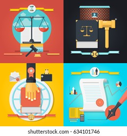 Colorful law 2x2 composition set with various objects for working in court flat isolated vector illustration