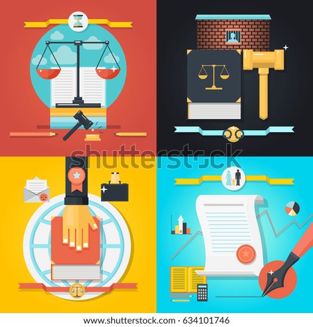 Colorful law 2x2 composition set with various objects for working in court flat isolated vector illustration