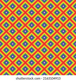 Colorful layer square pattern. Multicolor maze stripes pattern on colored background. Diagonal lines and squares. LGBTQ+ colored background.