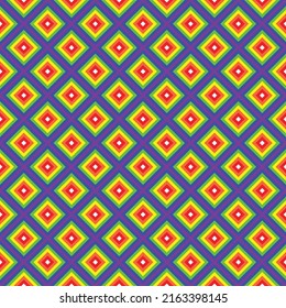 Colorful layer square pattern. Multicolor maze stripes pattern on colored background. Diagonal lines and squares. LGBTQ+ colored background.