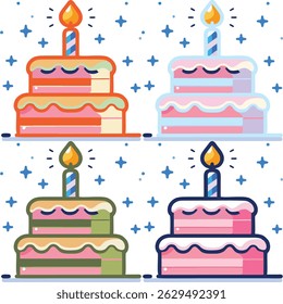 Colorful Layered Birthday Cake with Lit Candle Celebrating Special Day