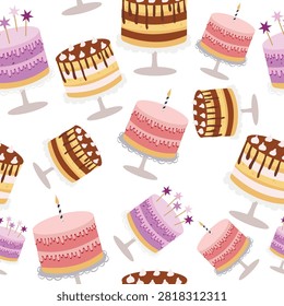 Colorful layered cake pattern seamless, pink, purple, chocolate desserts. Sweet bakery seamless pattern graphic, decorated cakes on stands. Yummy birthday desserts vector pattern, repeating cake stand backdrop. Cute b-day party pattern, seamless layered cakes for packaging, fabric. Elegant celebration cake seamless background for bakery, event design