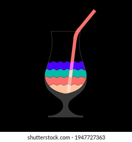 Colorful layered cocktail drink. Fougere. Wine glass. Tall glass with straw. Cocktail icon. Vector illustration isolated on black.