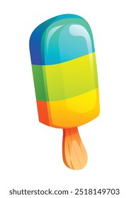 Colorful layered popsicle with blue, green, yellow stripes on stick. Vector cartoon illustration