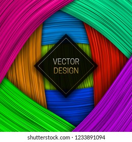 Colorful layers background with square black and gold frame for text. Trendy packaging design or cover template.