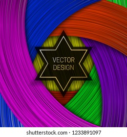 Colorful layers background with star shaped black and gold frame for text. Trendy packaging design or cover template.