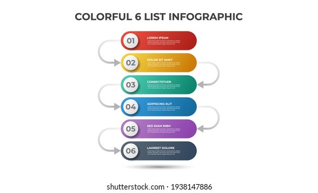 Colorful layout with 6 points of steps or list with arrows, infographic element template vector.