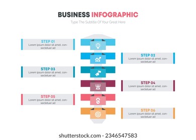Colorful layout with 6 points of steps or list with arrows, infographic element template vector.