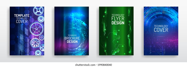 Colorful layout futuristic brochures, flyers, placards. Contemporary science and digital technology concept. Vector template for brochure or cover with hi-tech elements background.