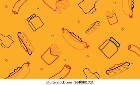 Colorful layout of hot dogs, fries, and condiment jars in red, yellow, and brown on orange. Playful fast food concept with bold visuals and fun icons.