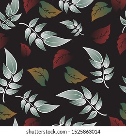 colorful leaf abstract seamless pattern with black background in vector illustration. leaf wallpaper.