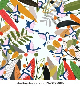 colorful leaf and blue bird pattern,illustration vector comic art for any card.