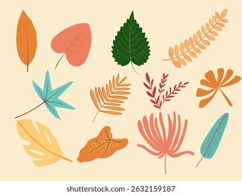 Colorful leaf collection in flat style, great for botanical illustrations, scrapbooking, or seasonal designs.