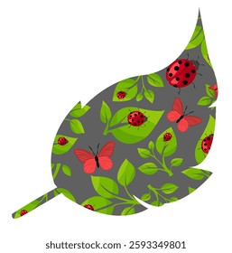 Colorful leaf design filled with butterflies and ladybugs showcasing vibrant nature motifs