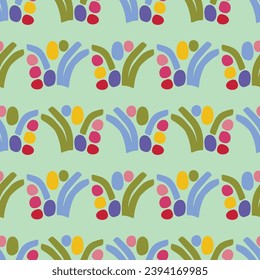 Colorful leaf for flat scandi style seamless vector kids pattern. Fun whimsical nature for gender neutral baby wallpaper. 