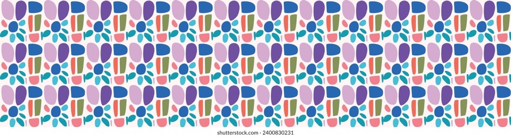 Colorful leaf for flat scandi style seamless vector kids border. Fun whimsical nature for gender neutral baby endless ribbon.