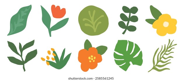 Colorful leaf and flower illustrations. Green leaves, orange and yellow flowers. Botanical design with leaves and flowers. Nature-themed leaf and flower art. Vector element set.