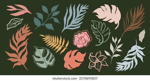 Colorful leaf and flower illustrations on a dark background. Botanical designs with leaves and flowers. Nature-inspired art with leaves and floral elements. Aesthetic hand drawn nature element vector.