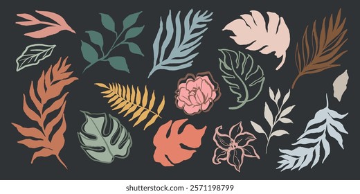 Colorful leaf and flower illustrations in various shapes and sizes. Leaves and flowers in pastel tones. Botanical elements include leaves and flowers. Aesthetic hand drawn nature element vector set.