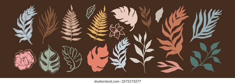 Colorful leaf and flower illustrations in various shapes and sizes. Botanical elements include leaves and flowers in vibrant, pastel, and earthy tones. Aesthetic hand drawn nature element vector set.