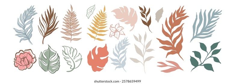 Colorful leaf illustrations on a brown background. Leaves in various shapes and colors. Botanical and nature-themed leaf designs. Artistic leaf collection. Aesthetic hand drawn nature element vector.