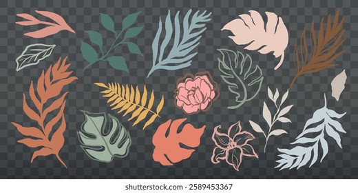 Colorful leaf illustrations on a brown background. Leaves in various shapes and colors. Botanical art with diverse leaf designs. Vibrant leaf collection. Aesthetic hand drawn nature element vector set