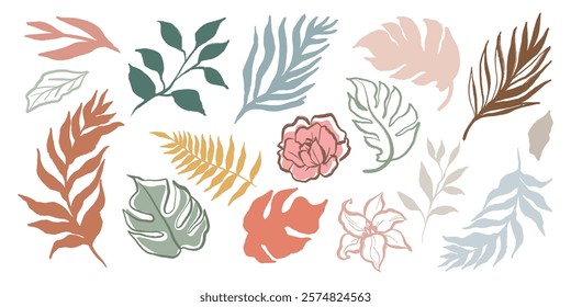 Colorful leaf illustrations on dark background. Various leaf shapes and colors. Botanical theme with diverse leaf designs. Vibrant leaf patterns and styles. Aesthetic hand drawn nature element vector.