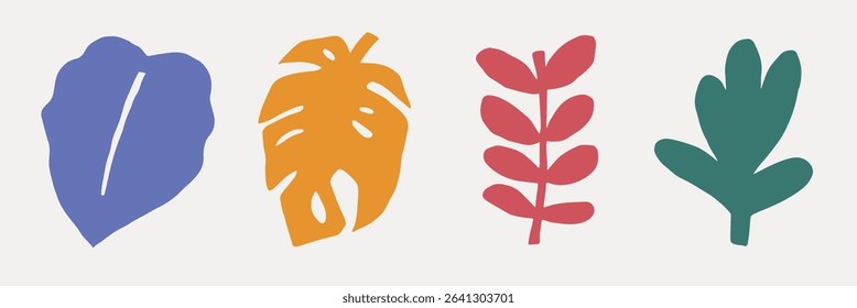 Colorful leaf illustrations in purple, yellow, red, and green. Vibrant leaf designs showcase nature's diversity. Bold leaf art for creative projects. Nature illustrations, vector set.