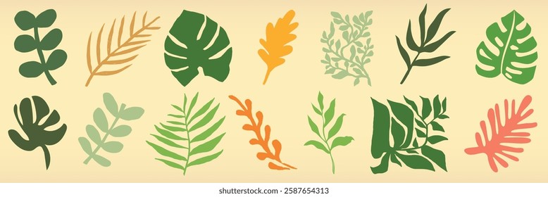 Colorful leaf illustrations in various shapes and sizes. Leaves in green, orange, and pink. Decorative leaf patterns on a beige background. Nature illustrations, isolated element vector set.