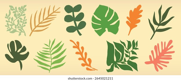 Colorful leaf illustrations in various shapes and sizes. Green, orange, and pink leaves on a beige background. Botanical and nature-themed designs. Nature illustrations, isolated vector set.