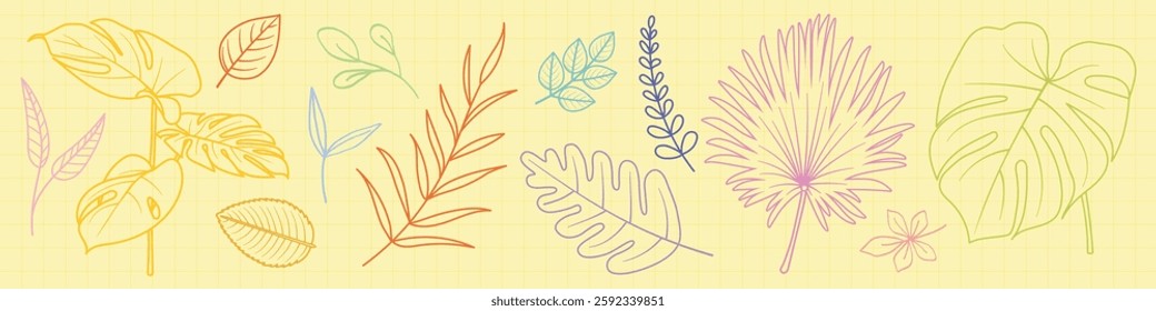 Colorful leaf outlines on a yellow background. Leaf designs include palm, fern, and monstera. Vibrant leaf patterns for nature-themed designs. Botanical doodle vector set.