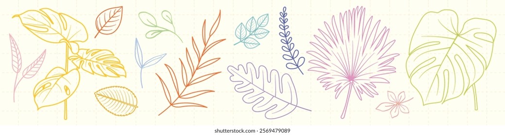 Colorful leaf outlines in various shapes and sizes. Leaves in vibrant colors, showcasing diverse leaf patterns. A playful leaf design with artistic leaf sketches. Botanical doodle vector set.