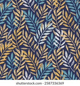 Colorful Leaf Pattern on Dark Background, seamless vector pattern of leaves, intricate leaf foliage design, perfect for nature-themed projects or textiles