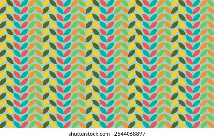 Colorful Leaf Pattern with Retro Style. The retro-inspired design showcases a repeating geometric layout with bold, rounded leaf shapes, ideal for backgrounds, textiles, and digital designs.