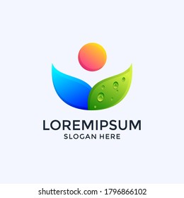 colorful leaf, sea, and sun logo design template