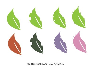 Colorful Leaf Silhouettes against a White Background A collection of stylized leaf silhouettes in various colors, including green, red-brown, dark green, purple, and pink. 