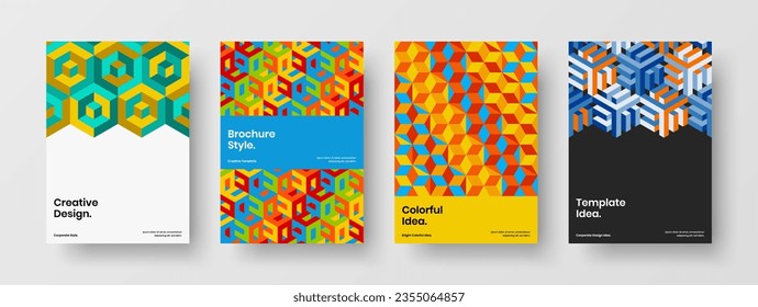Colorful leaflet design vector template set. Premium geometric shapes corporate brochure layout bundle.