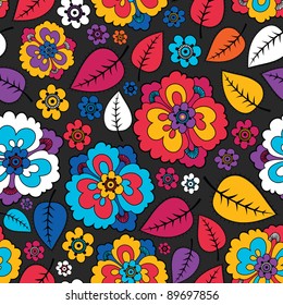 Colorful leafs and flowers - seamless pattern
