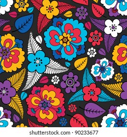 Colorful leafs and flowers - seamless pattern