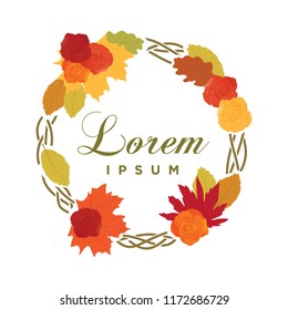 colorful leafs and roses wreath, autumn theme, logo  template