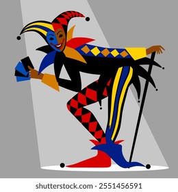 Colorful leaning Joker in the spotlight in flat style with playing cards. Casino poster and placard. Vector illustration