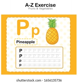 Colorful Learning English vocabulary , Exercises sheet for kids, Alphabet P. exercise with cartoon vocabulary illustration, Pineapple