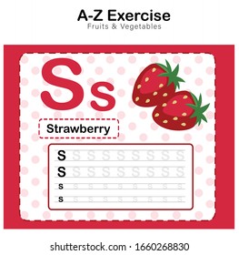 Colorful Learning English vocabulary , Exercises sheet for kids, Alphabet S. exercise with cartoon vocabulary illustration, Strawberry