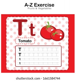 Colorful Learning English vocabulary , Exercises sheet for kids, Alphabet T. exercise with cartoon vocabulary illustration,Tomato