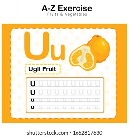 Colorful Learning English vocabulary , Exercises sheet for kids, Alphabet U. exercise with cartoon vocabulary illustration,Ugli Fruit