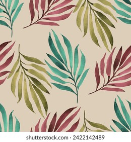 colorful leaves arranged on turquoise background. Seamless pattern design textile.