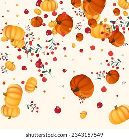 Colorful Leaves Background Beige Vector. Gourd Wreath. Burgundy Season Template. Farm Illustration. Orange Leaf Pattern Frame.