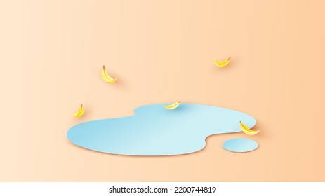 Colorful Leaves Blowing Around The Water Droplet On Ground. Autumn Colorful Leaves Blowing. Paper Cut And Craft. Vector, Illustration.