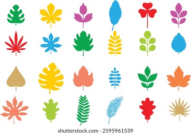 Colorful Leaves design elements collection. Bundle of vector illustration of various tropical leaf shapes in different colours on white background. EPS 10
